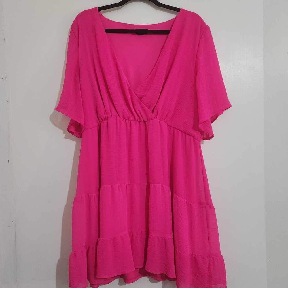 Hot Pink Flutter Sleeve Faux Wrap Dress